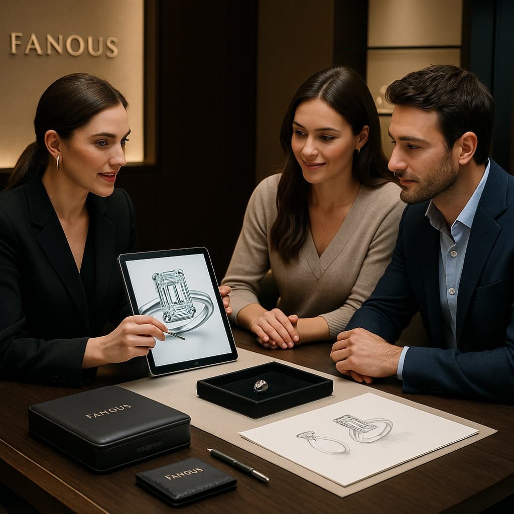 A couple in a Fanous Jewelry design consultation, reviewing 3D CAD models and metal options for a custom emerald cut wedding ring