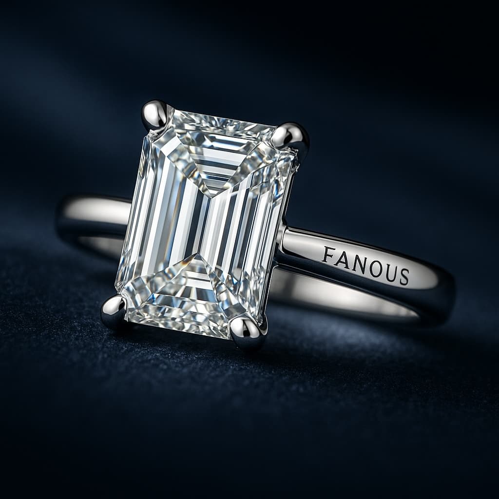 Close-up of an emerald cut diamond wedding ring in a platinum solitaire setting with crisp diamond sparkle and 'FANOUS' engraved inside the band