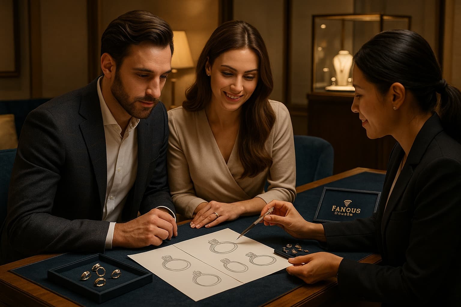 Couple designing their engagement and wedding ring set with a Fanous Jewelry expert