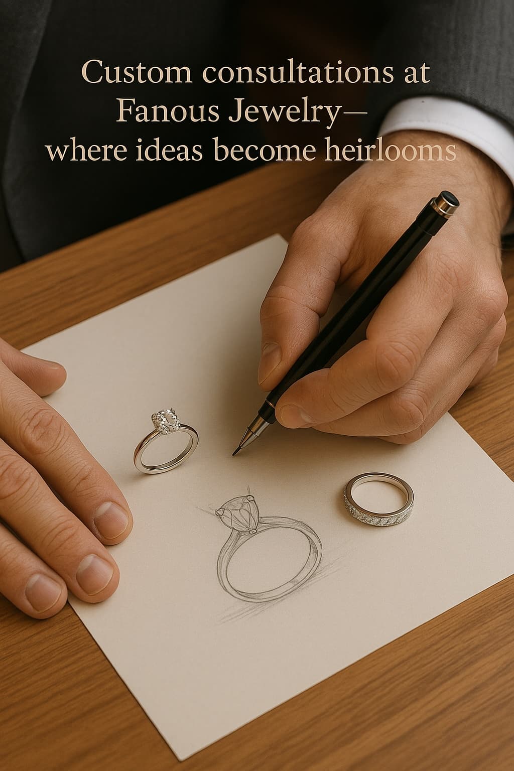 A Fanous Jewelry designer presenting custom engagement and wedding ring sketches to a couple in a private consultation room